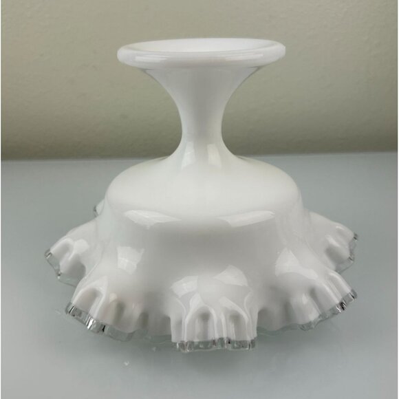 Fenton Silver Crest Pedestal Compote Bowl Clear Ribbon Ruffle White Milk Glass - Picture 9 of 13